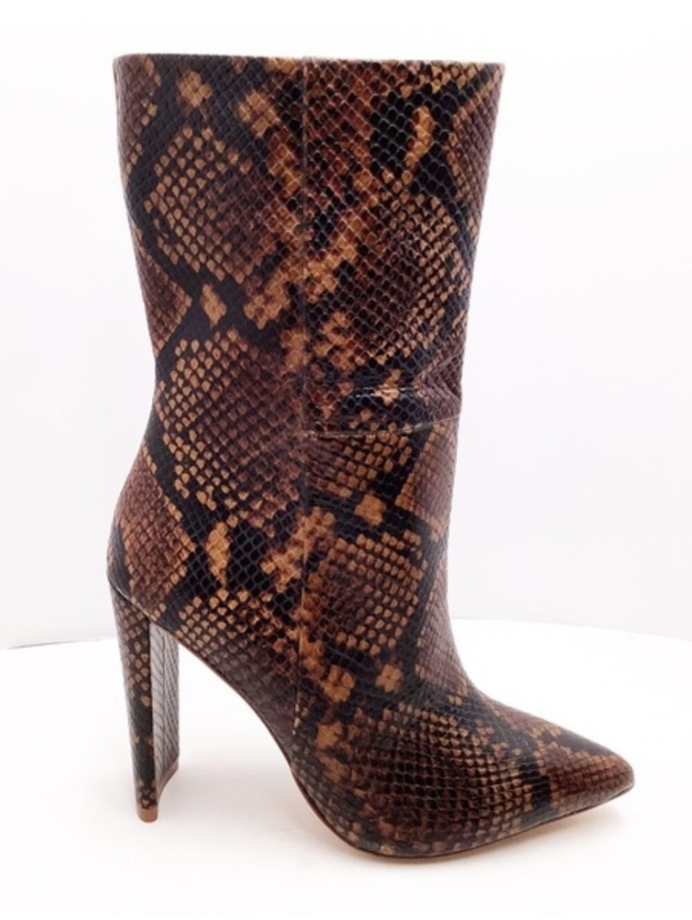 Aldo Brown Snake-Print Pointed Toe High Block Heel Boot